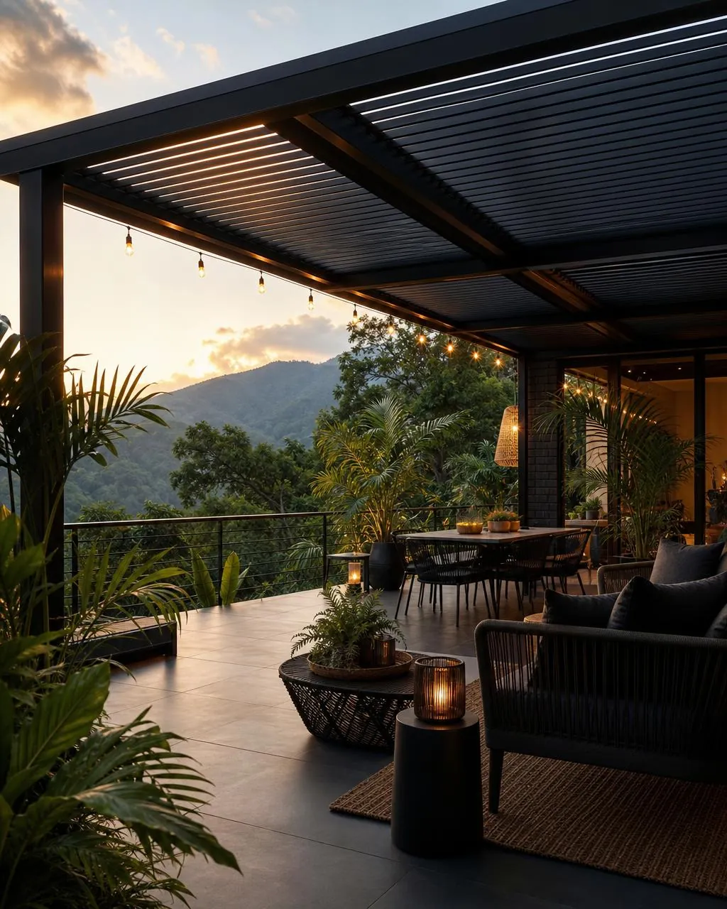 Pérgola en aluminio negro sobre una terraza