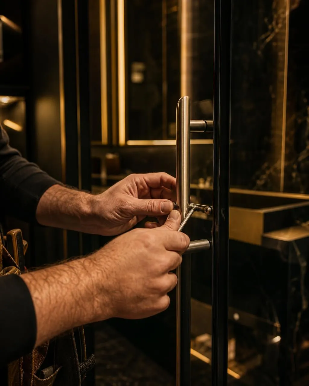 Instalación de manija en acero inoxidable sobre una puerta de vidrio templado