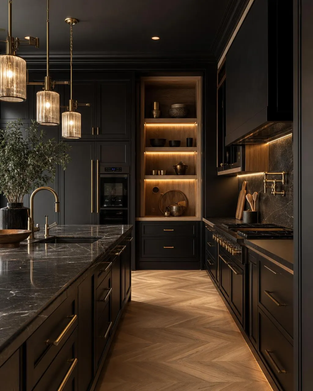 Cocina integral en madera con acabados negros y dorados