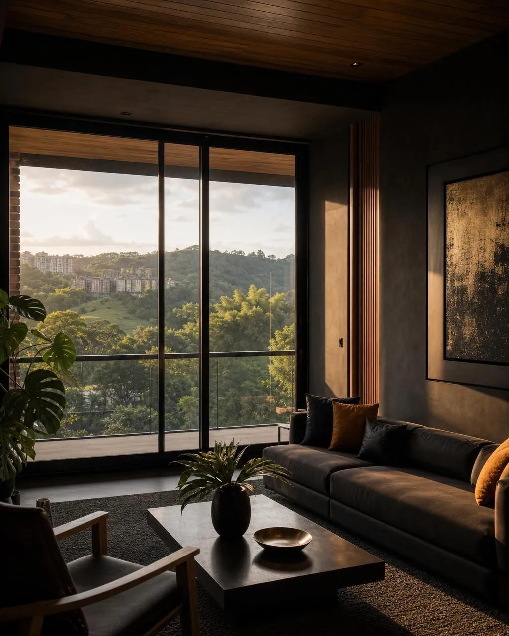Ventana corrediza en aluminio negro en una sala con vista a las montañas